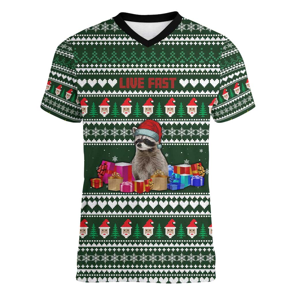 Sloth Christmas Women V-Neck T-Shirt with Santa Hat, Presents, and Festive Pattern - Wonder Print Shop