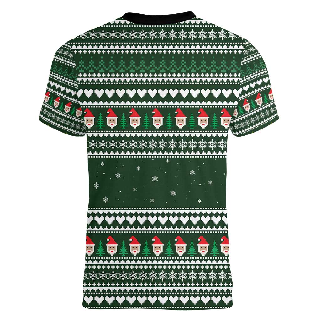 Sloth Christmas Women V-Neck T-Shirt with Santa Hat, Presents, and Festive Pattern - Wonder Print Shop