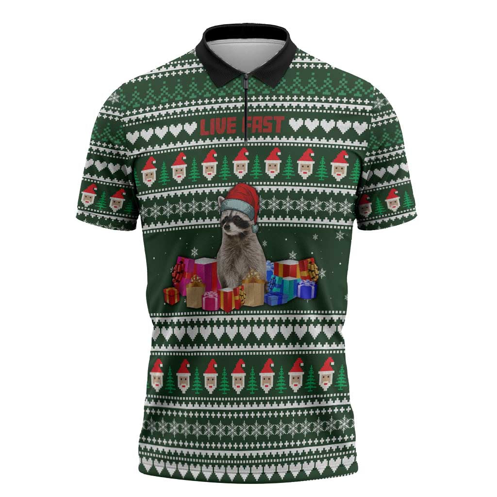 Sloth Christmas Zipper Polo Shirt with Santa Hat, Presents, and Festive Pattern - Wonder Print Shop