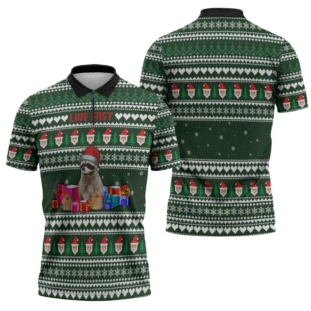 Sloth Christmas Zipper Polo Shirt with Santa Hat, Presents, and Festive Pattern - Wonder Print Shop