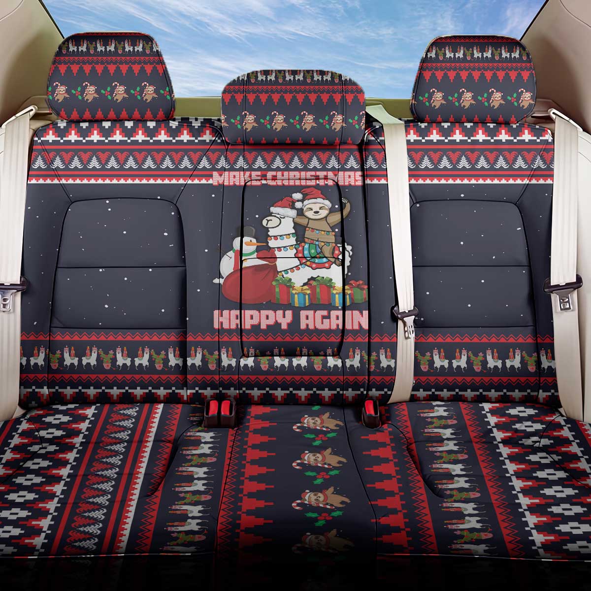 Llama and Snowman Back Car Seat Cover with Gifts and Nordic Pattern - Wonder Print Shop