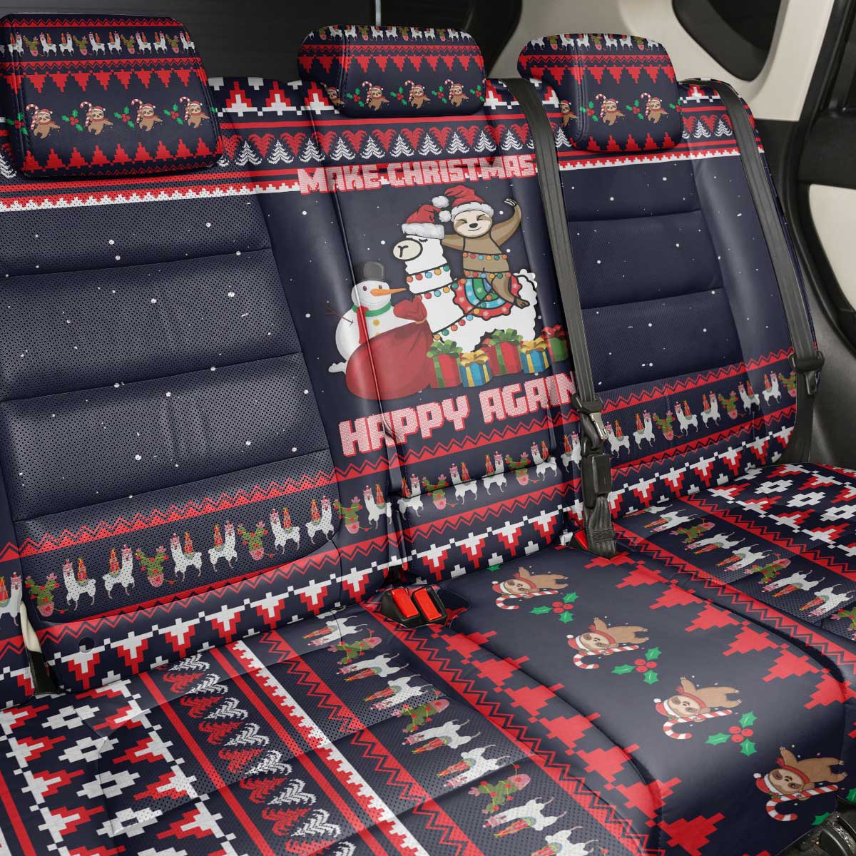 Llama and Snowman Back Car Seat Cover with Gifts and Nordic Pattern - Wonder Print Shop