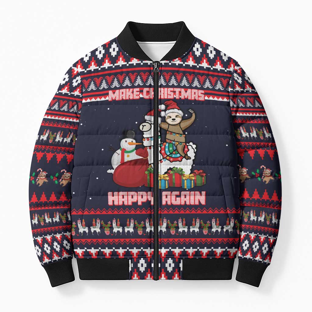 Llama and Snowman Bomber Puffer Jacket with Gifts and Nordic Pattern - Wonder Print Shop