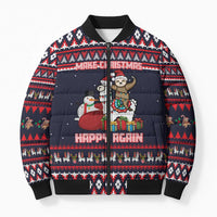 Llama and Snowman Bomber Puffer Jacket with Gifts and Nordic Pattern - Wonder Print Shop