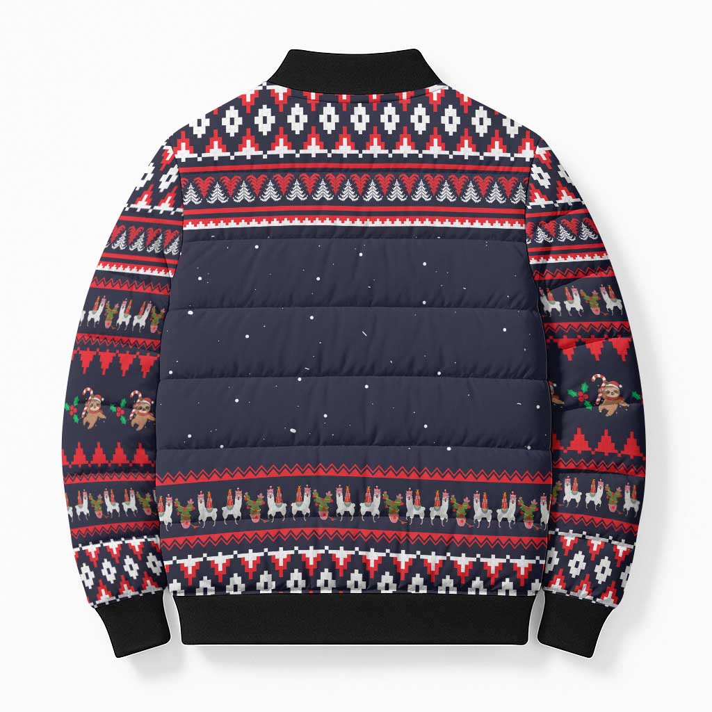 Llama and Snowman Bomber Puffer Jacket with Gifts and Nordic Pattern - Wonder Print Shop