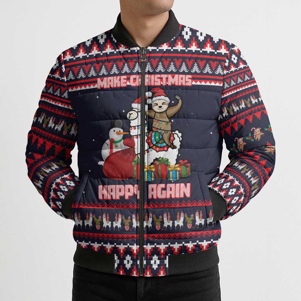 Llama and Snowman Bomber Puffer Jacket with Gifts and Nordic Pattern - Wonder Print Shop