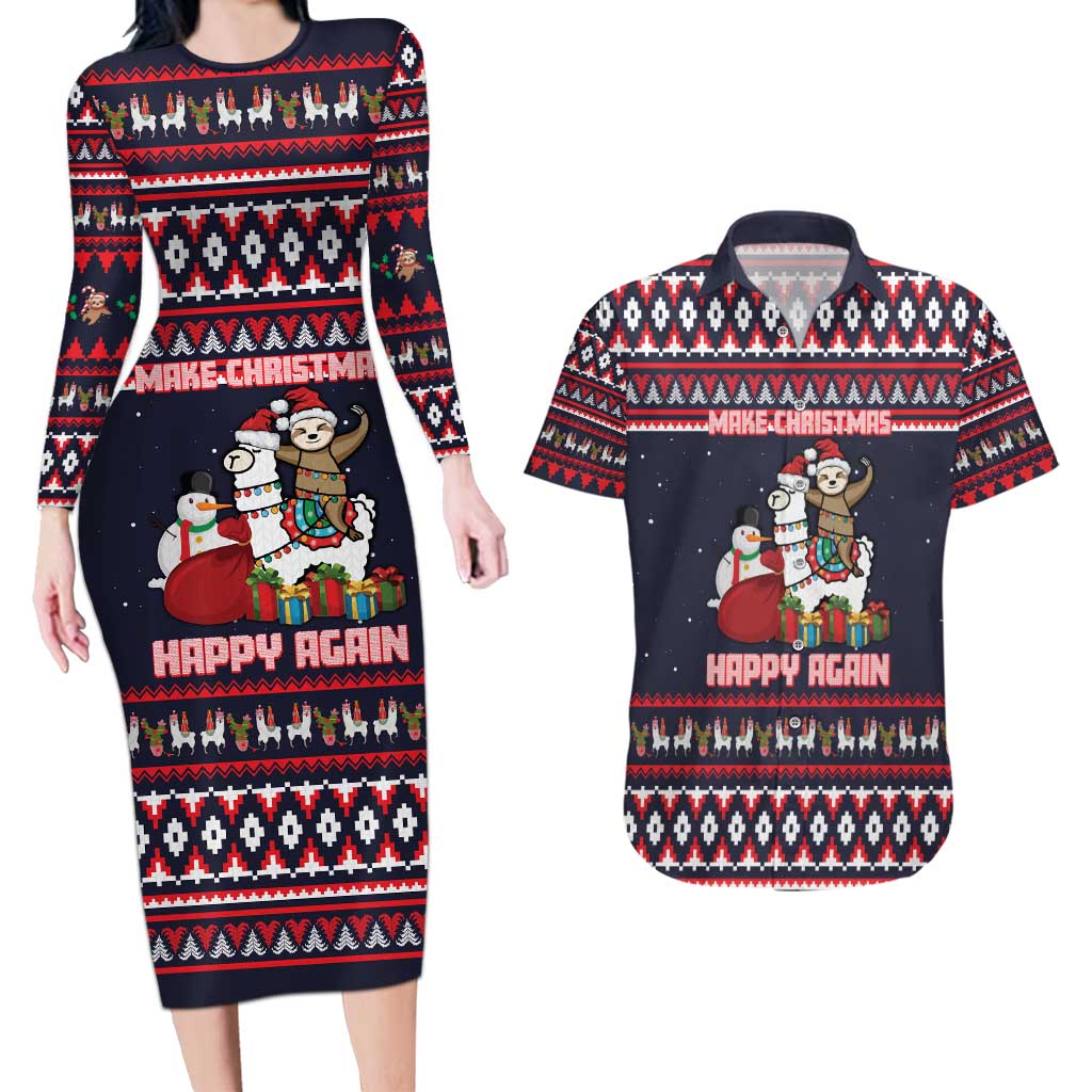 Llama and Snowman Couples Matching Long Sleeve Bodycon Dress and Hawaiian Shirt with Gifts and Nordic Pattern - Wonder Print Shop