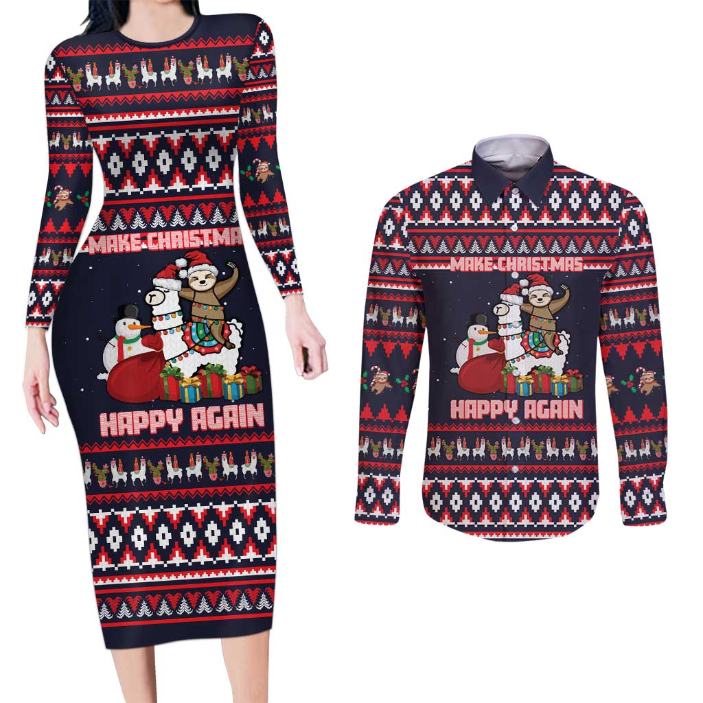 Llama and Snowman Couples Matching Long Sleeve Bodycon Dress and Long Sleeve Button Shirt with Gifts and Nordic Pattern - Wonder Print Shop