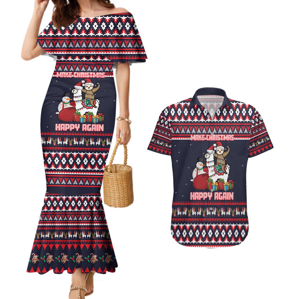 Llama and Snowman Couples Matching Mermaid Dress and Hawaiian Shirt with Gifts and Nordic Pattern - Wonder Print Shop