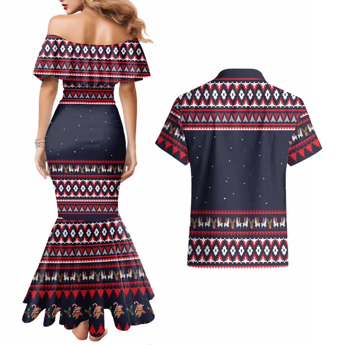 Llama and Snowman Couples Matching Mermaid Dress and Hawaiian Shirt with Gifts and Nordic Pattern - Wonder Print Shop