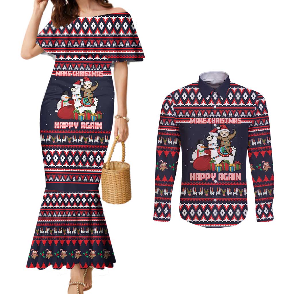 Llama and Snowman Couples Matching Mermaid Dress and Long Sleeve Button Shirt with Gifts and Nordic Pattern - Wonder Print Shop