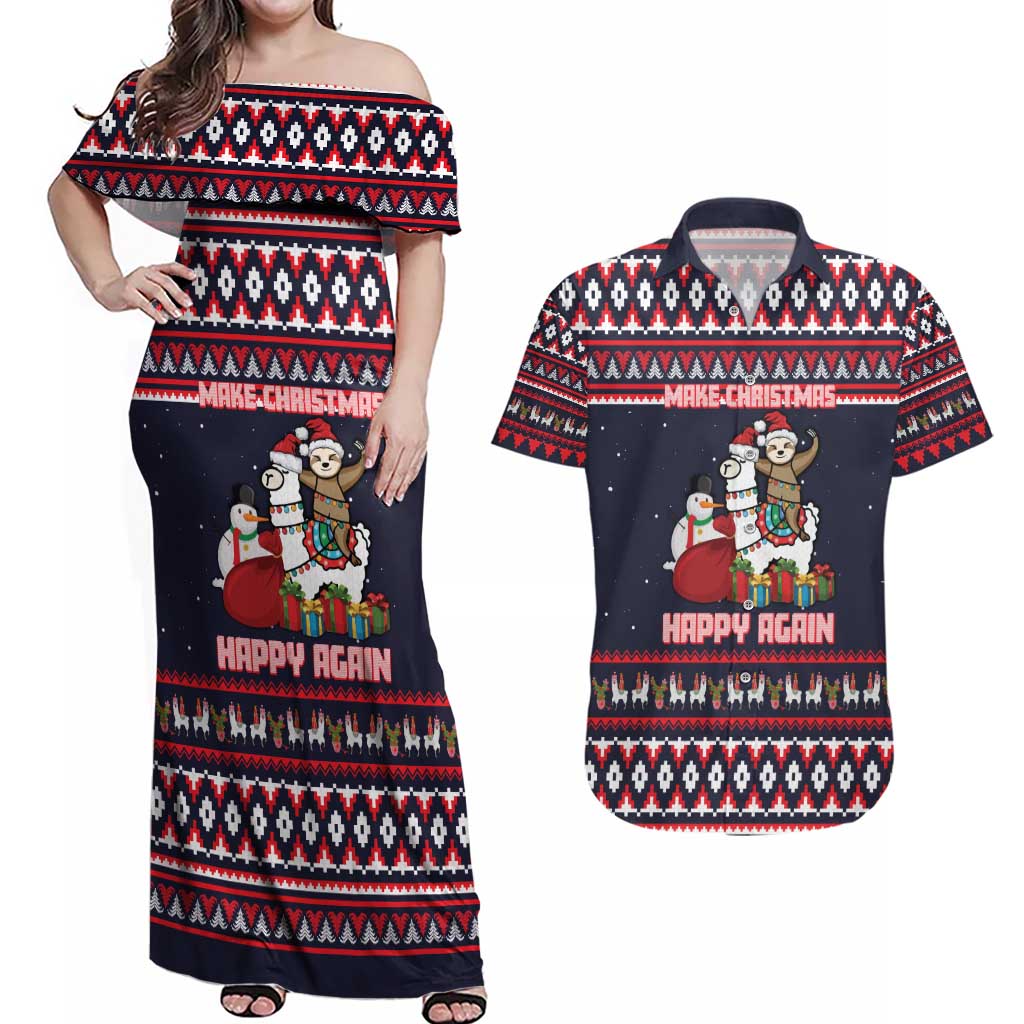Llama and Snowman Couples Matching Off Shoulder Maxi Dress and Hawaiian Shirt with Gifts and Nordic Pattern - Wonder Print Shop