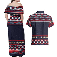 Llama and Snowman Couples Matching Off Shoulder Maxi Dress and Hawaiian Shirt with Gifts and Nordic Pattern - Wonder Print Shop