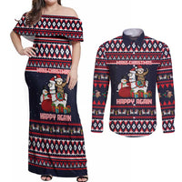 Llama and Snowman Couples Matching Off Shoulder Maxi Dress and Long Sleeve Button Shirt with Gifts and Nordic Pattern - Wonder Print Shop