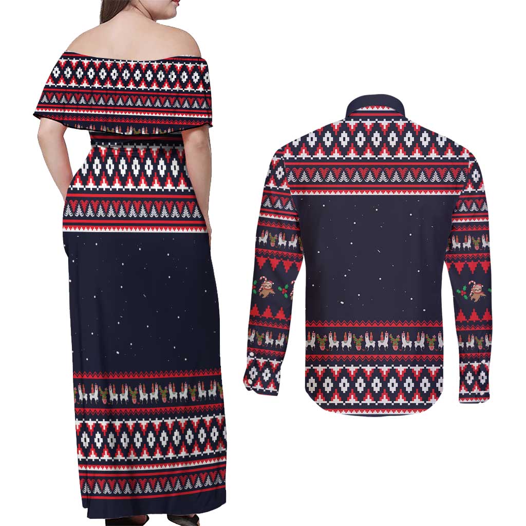 Llama and Snowman Couples Matching Off Shoulder Maxi Dress and Long Sleeve Button Shirt with Gifts and Nordic Pattern - Wonder Print Shop