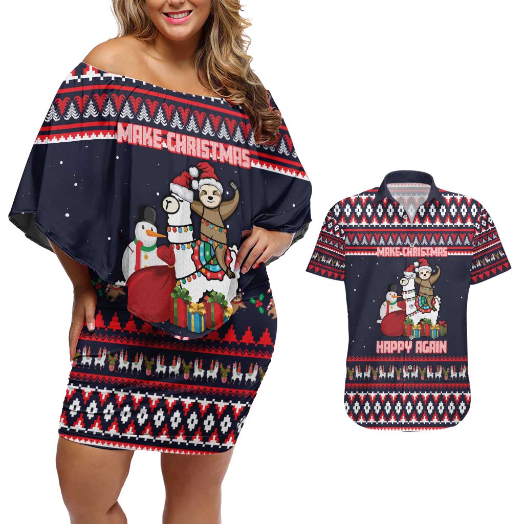 Llama and Snowman Couples Matching Off Shoulder Short Dress and Hawaiian Shirt with Gifts and Nordic Pattern - Wonder Print Shop