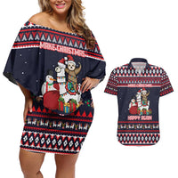 Llama and Snowman Couples Matching Off Shoulder Short Dress and Hawaiian Shirt with Gifts and Nordic Pattern - Wonder Print Shop