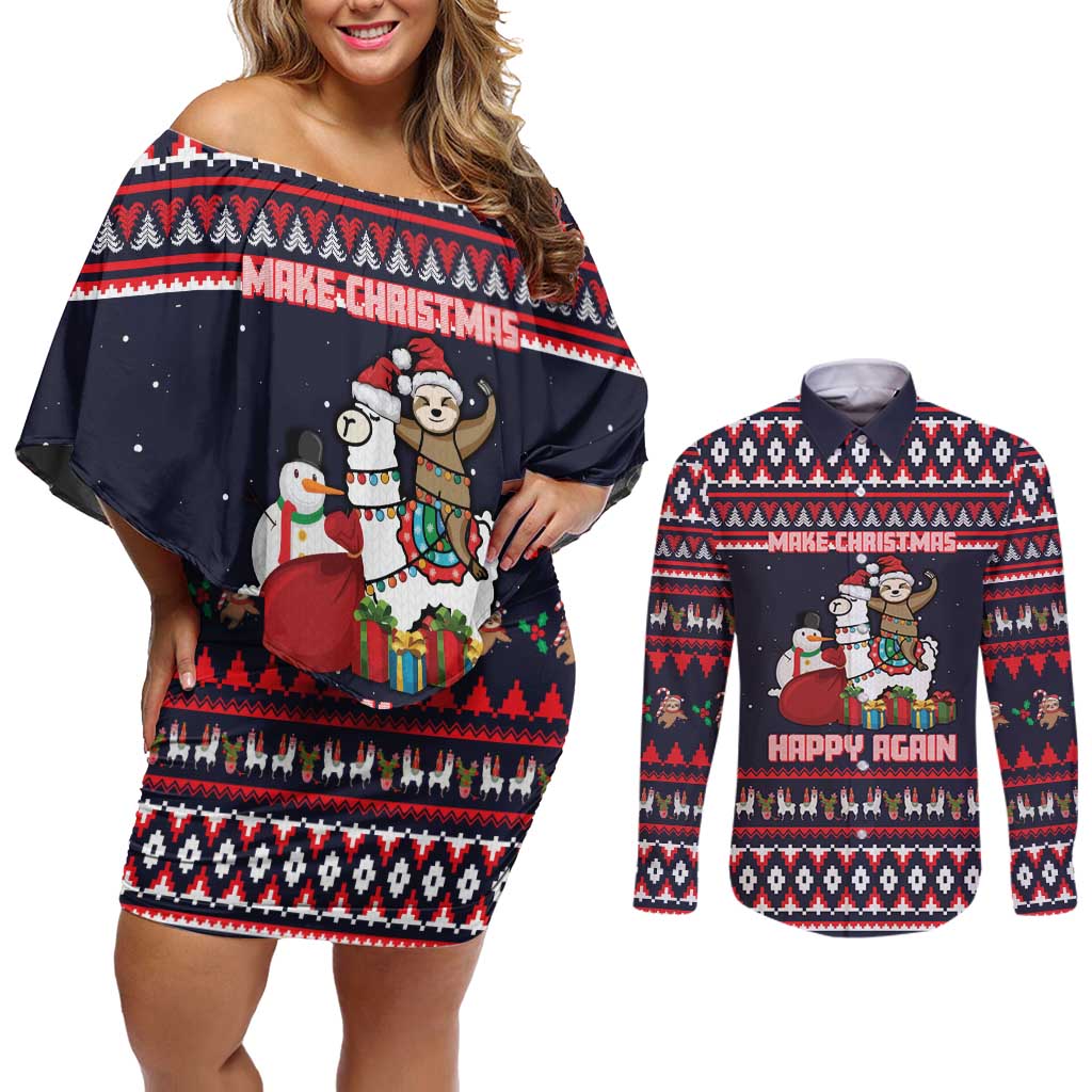 Llama and Snowman Couples Matching Off Shoulder Short Dress and Long Sleeve Button Shirt with Gifts and Nordic Pattern - Wonder Print Shop