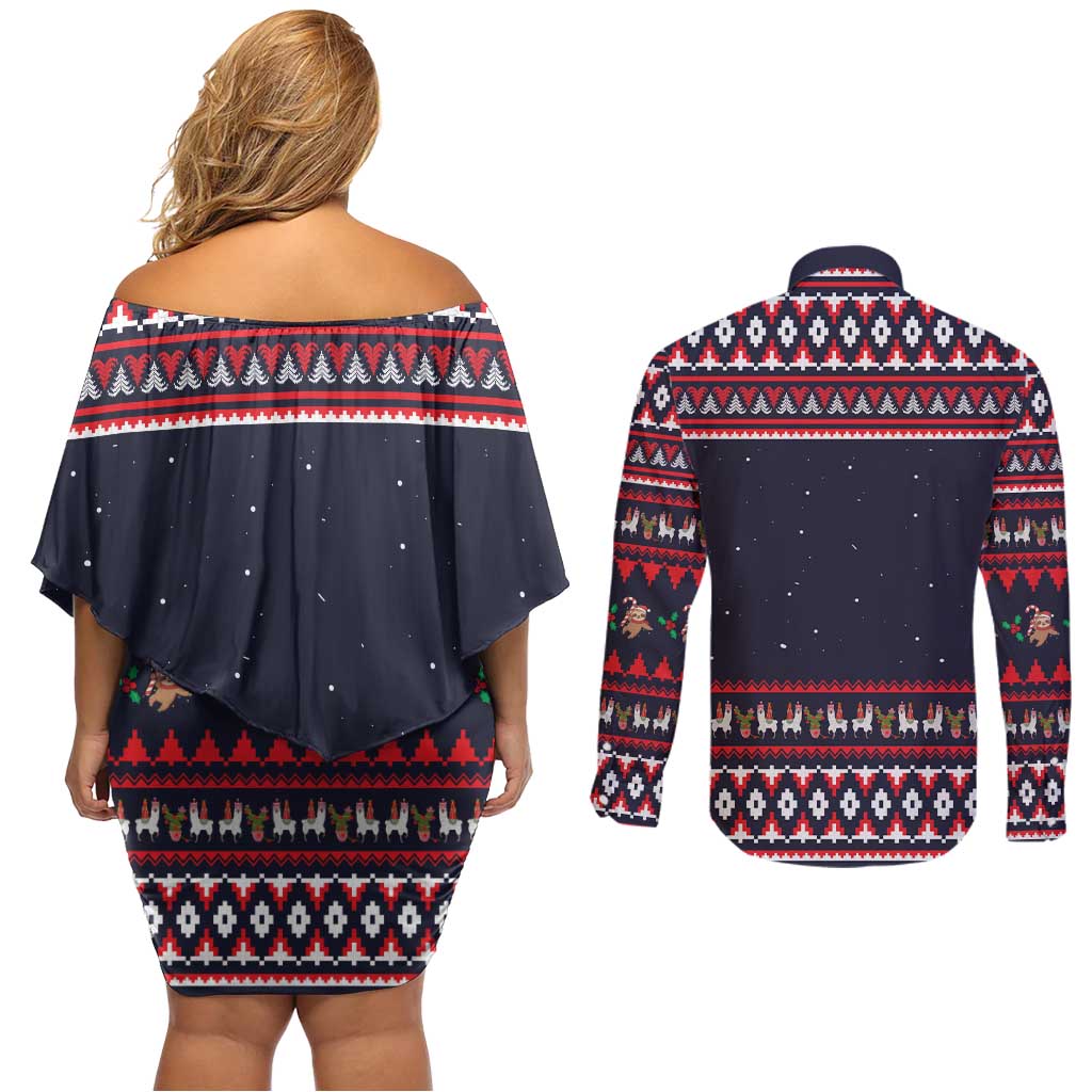 Llama and Snowman Couples Matching Off Shoulder Short Dress and Long Sleeve Button Shirt with Gifts and Nordic Pattern - Wonder Print Shop