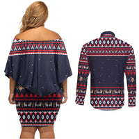 Llama and Snowman Couples Matching Off Shoulder Short Dress and Long Sleeve Button Shirt with Gifts and Nordic Pattern - Wonder Print Shop