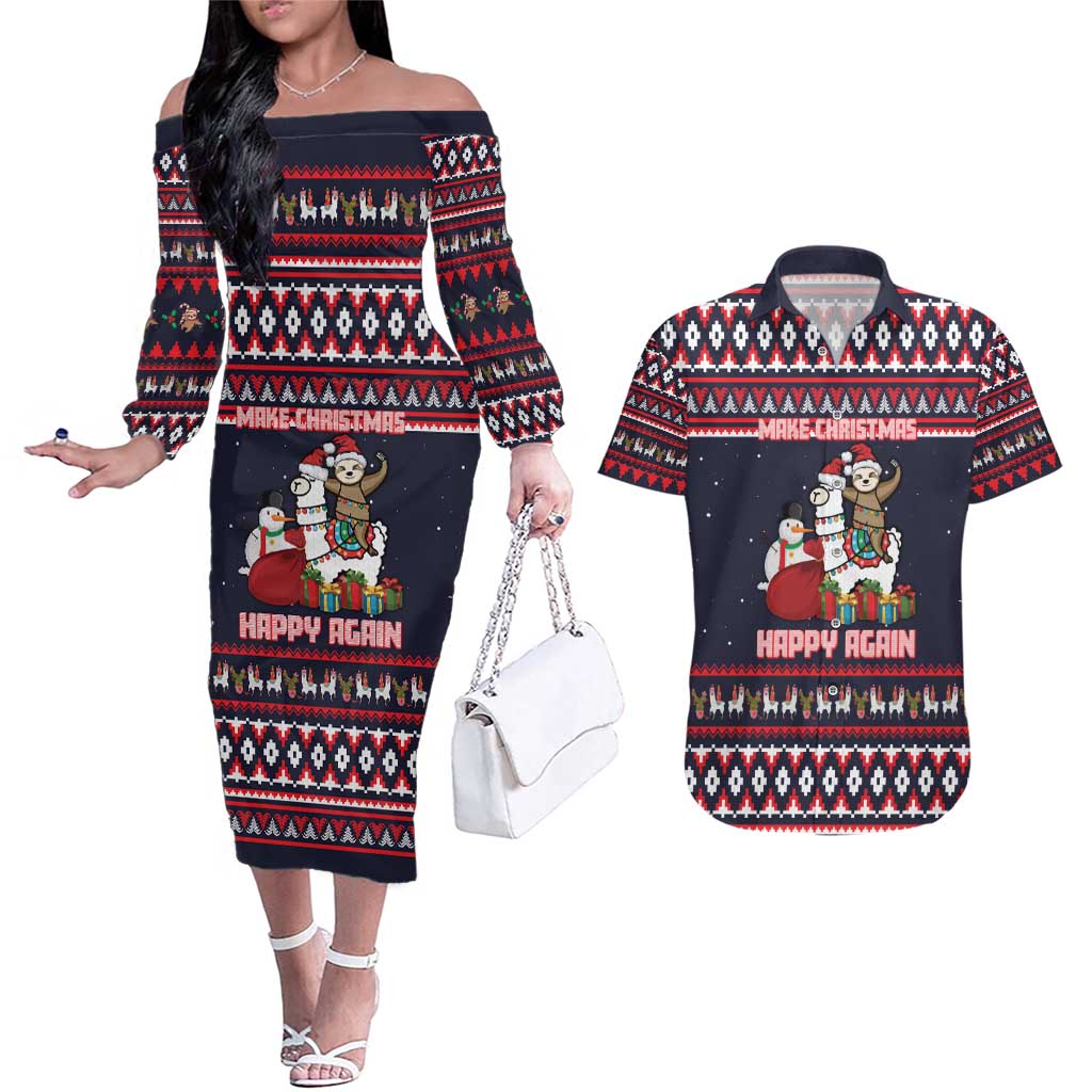 Llama and Snowman Couples Matching Off The Shoulder Long Sleeve Dress and Hawaiian Shirt with Gifts and Nordic Pattern - Wonder Print Shop