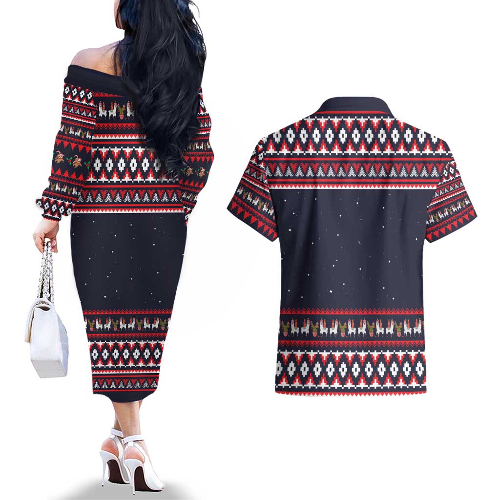 Llama and Snowman Couples Matching Off The Shoulder Long Sleeve Dress and Hawaiian Shirt with Gifts and Nordic Pattern - Wonder Print Shop