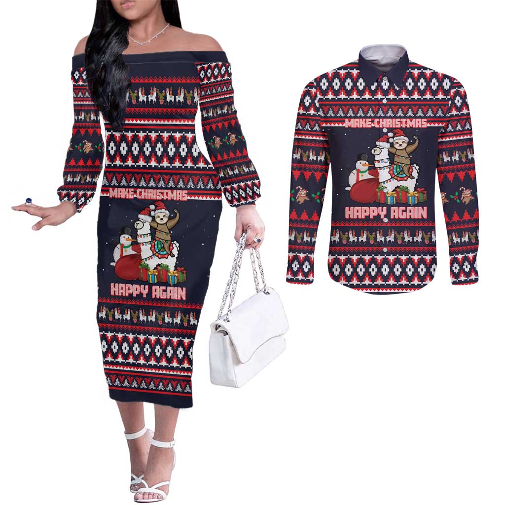 Llama and Snowman Couples Matching Off The Shoulder Long Sleeve Dress and Long Sleeve Button Shirt with Gifts and Nordic Pattern - Wonder Print Shop