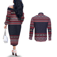 Llama and Snowman Couples Matching Off The Shoulder Long Sleeve Dress and Long Sleeve Button Shirt with Gifts and Nordic Pattern - Wonder Print Shop