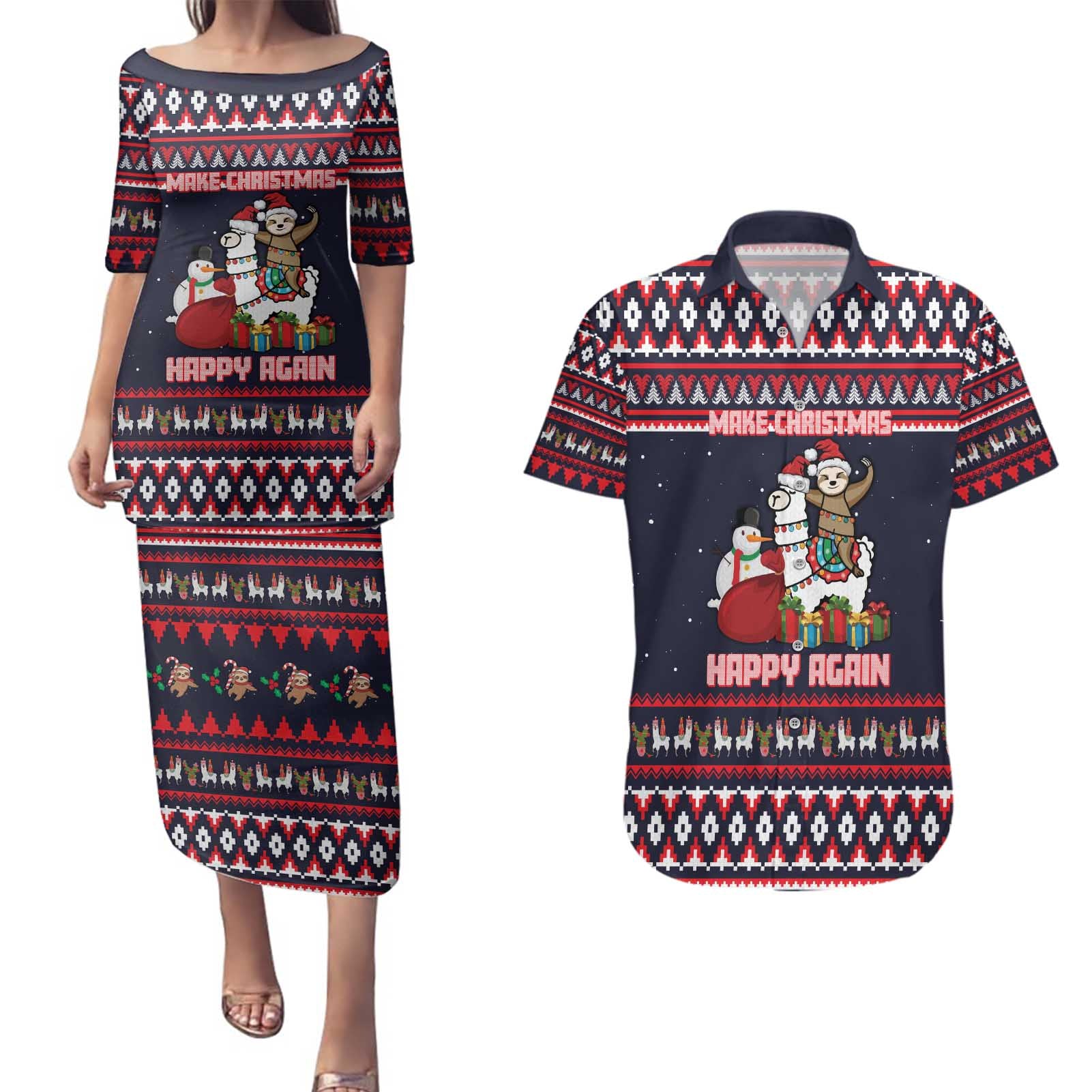 Llama and Snowman Couples Matching Puletasi and Hawaiian Shirt with Gifts and Nordic Pattern - Wonder Print Shop