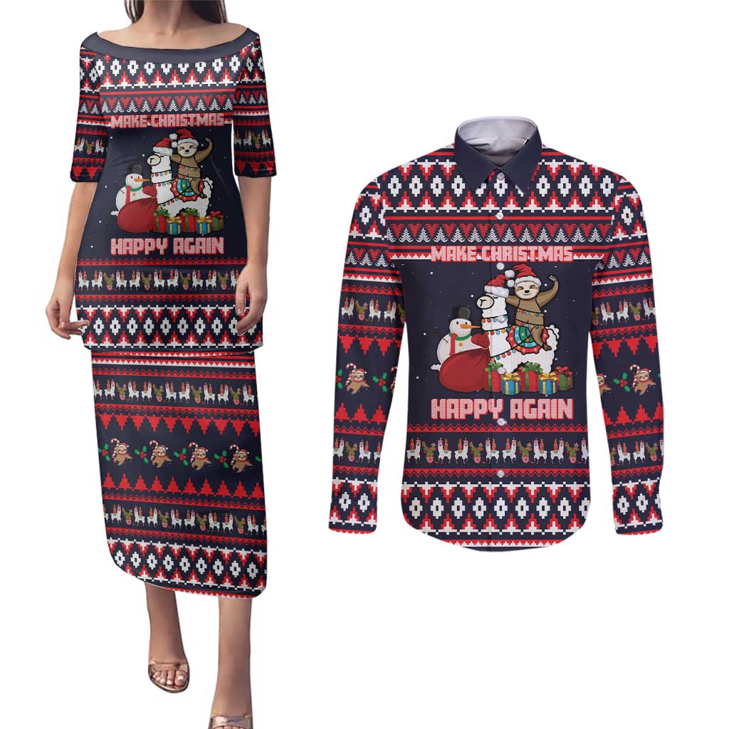 Llama and Snowman Couples Matching Puletasi and Long Sleeve Button Shirt with Gifts and Nordic Pattern - Wonder Print Shop
