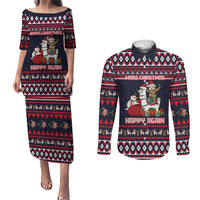 Llama and Snowman Couples Matching Puletasi and Long Sleeve Button Shirt with Gifts and Nordic Pattern - Wonder Print Shop