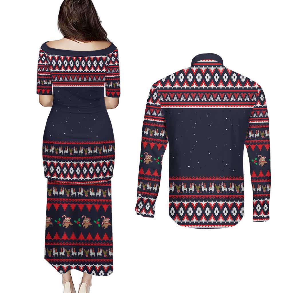 Llama and Snowman Couples Matching Puletasi and Long Sleeve Button Shirt with Gifts and Nordic Pattern - Wonder Print Shop