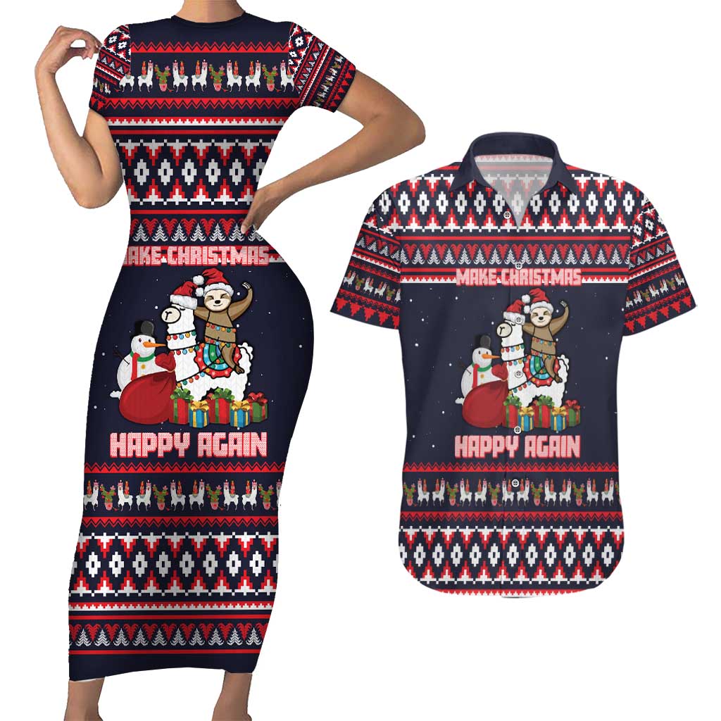 Llama and Snowman Couples Matching Short Sleeve Bodycon Dress and Hawaiian Shirt with Gifts and Nordic Pattern - Wonder Print Shop