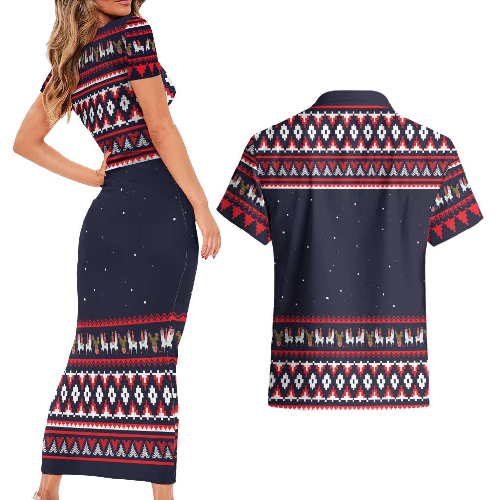 Llama and Snowman Couples Matching Short Sleeve Bodycon Dress and Hawaiian Shirt with Gifts and Nordic Pattern - Wonder Print Shop