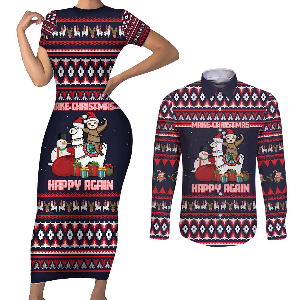Llama and Snowman Couples Matching Short Sleeve Bodycon Dress and Long Sleeve Button Shirt with Gifts and Nordic Pattern - Wonder Print Shop