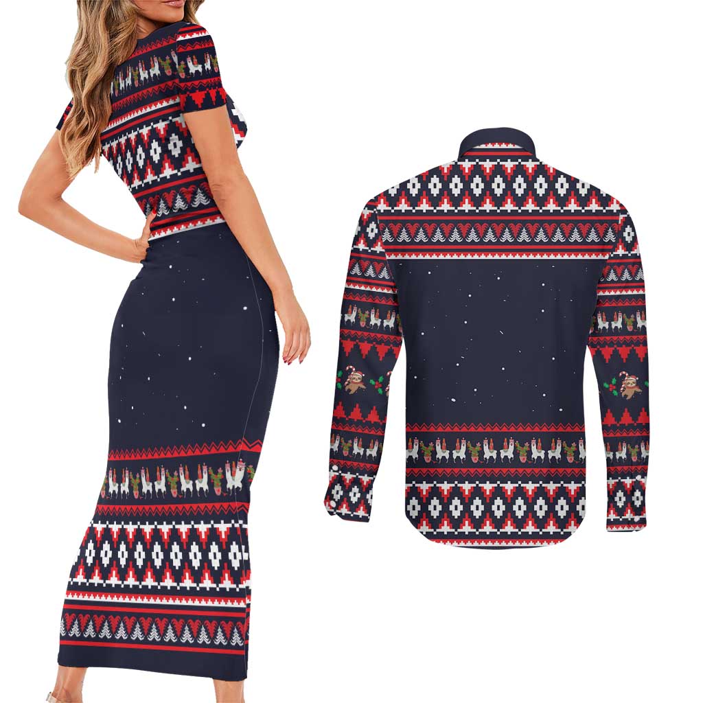 Llama and Snowman Couples Matching Short Sleeve Bodycon Dress and Long Sleeve Button Shirt with Gifts and Nordic Pattern - Wonder Print Shop