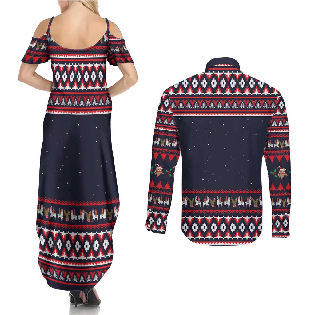 Llama and Snowman Couples Matching Summer Maxi Dress and Long Sleeve Button Shirt with Gifts and Nordic Pattern - Wonder Print Shop