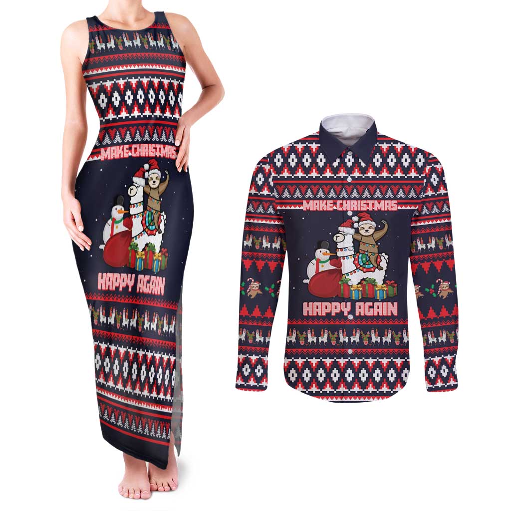 Llama and Snowman Couples Matching Tank Maxi Dress and Long Sleeve Button Shirt with Gifts and Nordic Pattern - Wonder Print Shop