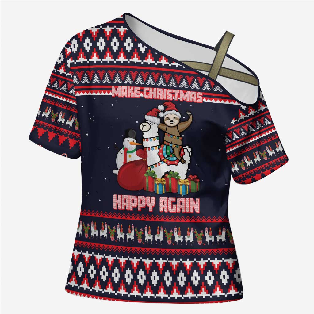 Llama and Snowman Cross Shoulder Shirt with Gifts and Nordic Pattern - Wonder Print Shop