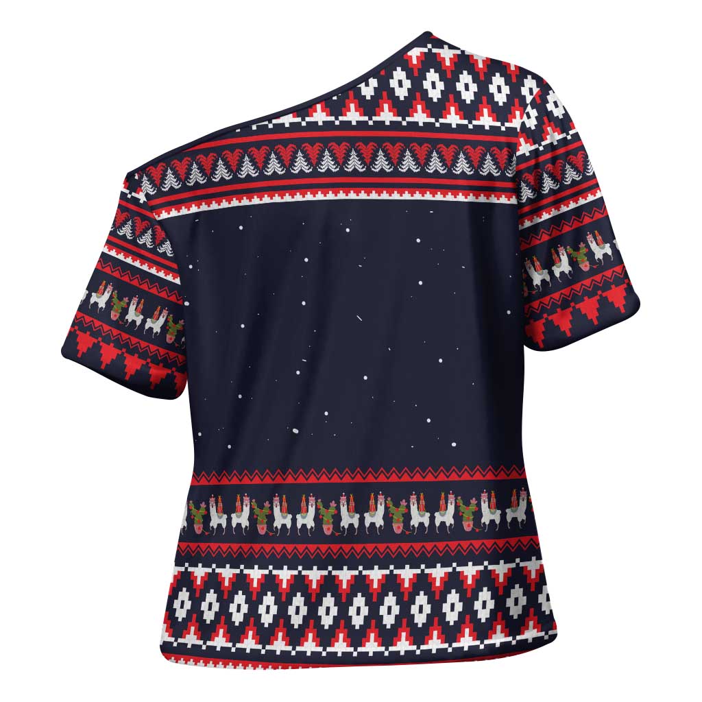 Llama and Snowman Cross Shoulder Shirt with Gifts and Nordic Pattern - Wonder Print Shop