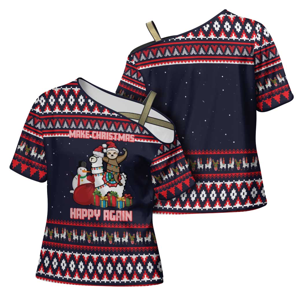 Llama and Snowman Cross Shoulder Shirt with Gifts and Nordic Pattern - Wonder Print Shop