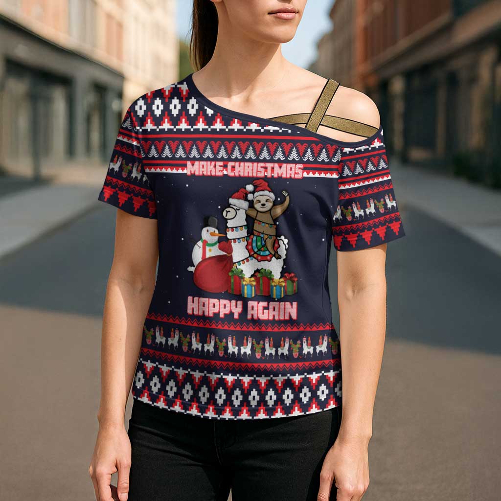 Llama and Snowman Cross Shoulder Shirt with Gifts and Nordic Pattern - Wonder Print Shop