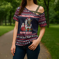 Llama and Snowman Cross Shoulder Shirt with Gifts and Nordic Pattern - Wonder Print Shop