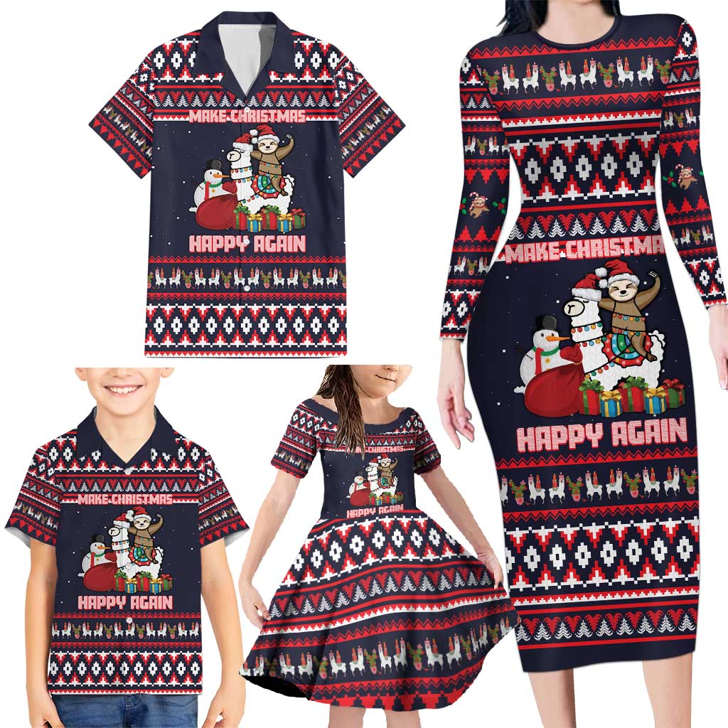 Llama and Snowman Family Matching Long Sleeve Bodycon Dress and Hawaiian Shirt with Gifts and Nordic Pattern - Wonder Print Shop