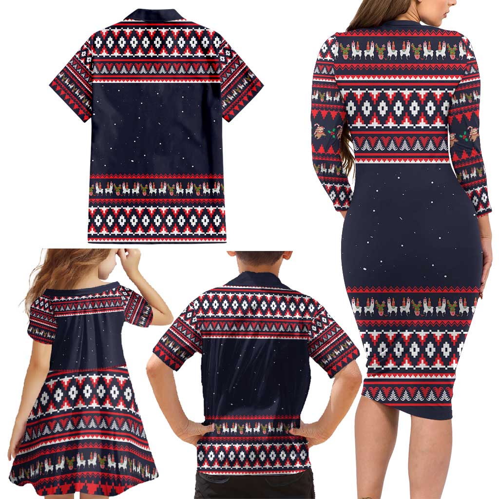 Llama and Snowman Family Matching Long Sleeve Bodycon Dress and Hawaiian Shirt with Gifts and Nordic Pattern - Wonder Print Shop