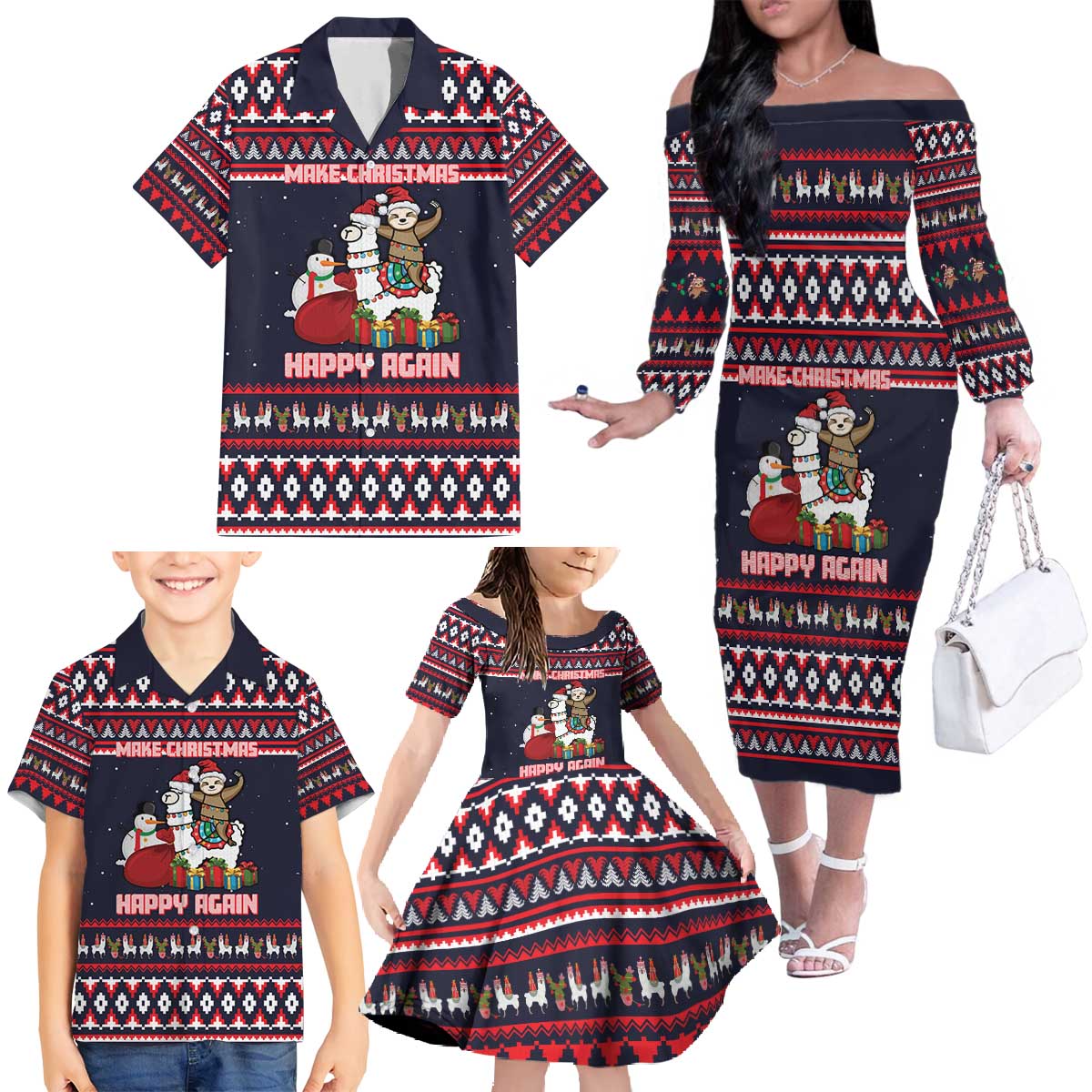 Llama and Snowman Family Matching Off The Shoulder Long Sleeve Dress and Hawaiian Shirt with Gifts and Nordic Pattern - Wonder Print Shop