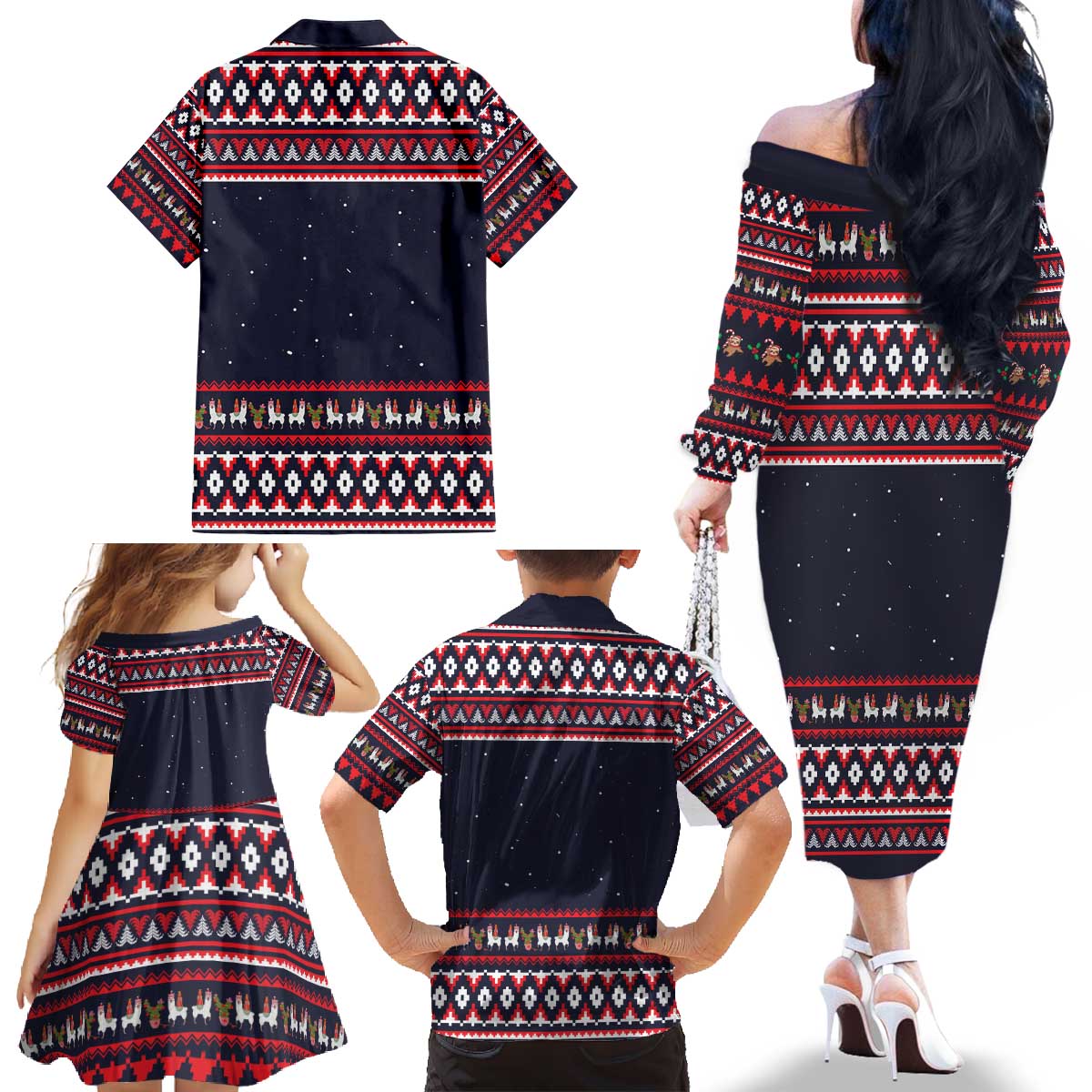 Llama and Snowman Family Matching Off The Shoulder Long Sleeve Dress and Hawaiian Shirt with Gifts and Nordic Pattern - Wonder Print Shop