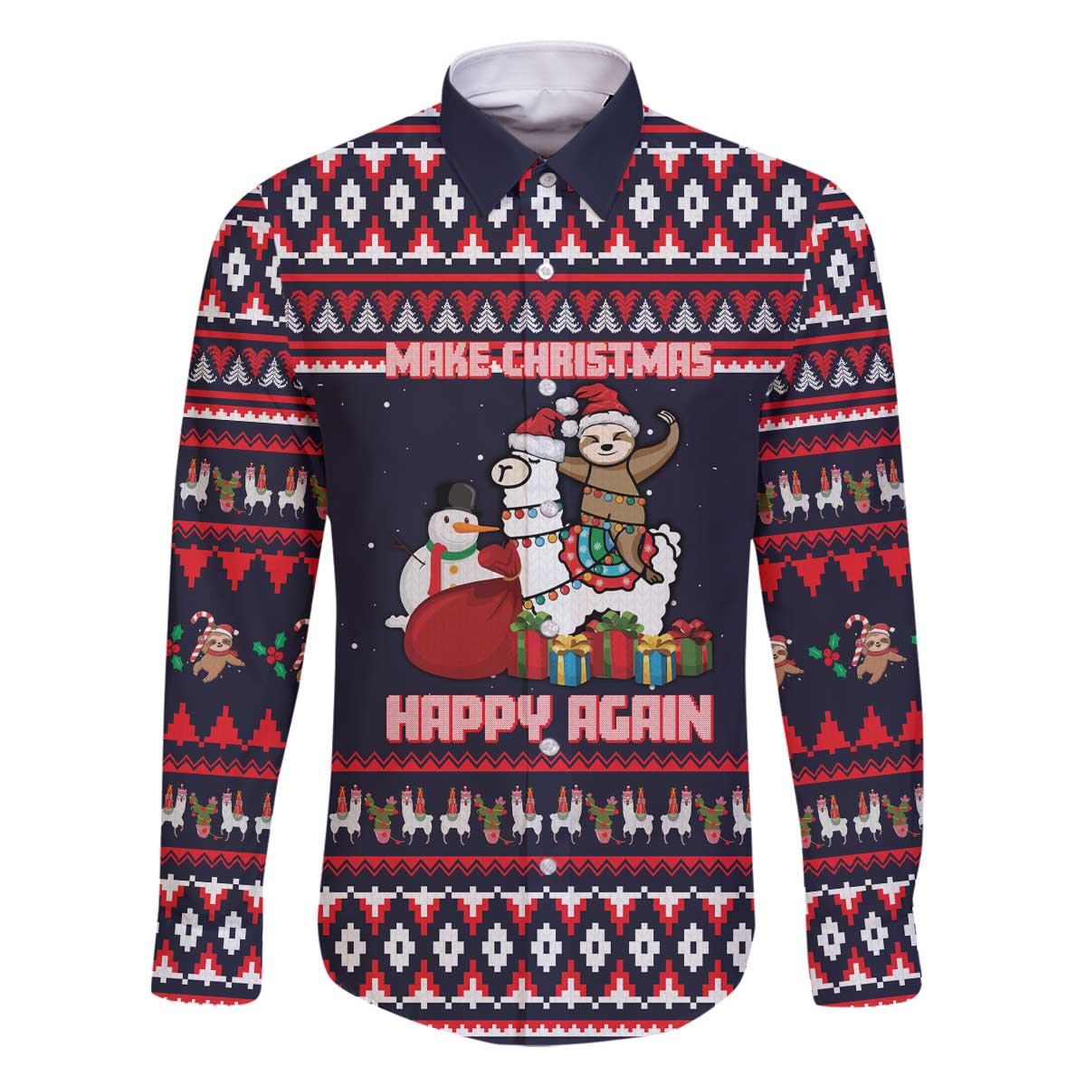 Llama and Snowman Family Matching Off The Shoulder Long Sleeve Dress and Hawaiian Shirt with Gifts and Nordic Pattern - Wonder Print Shop