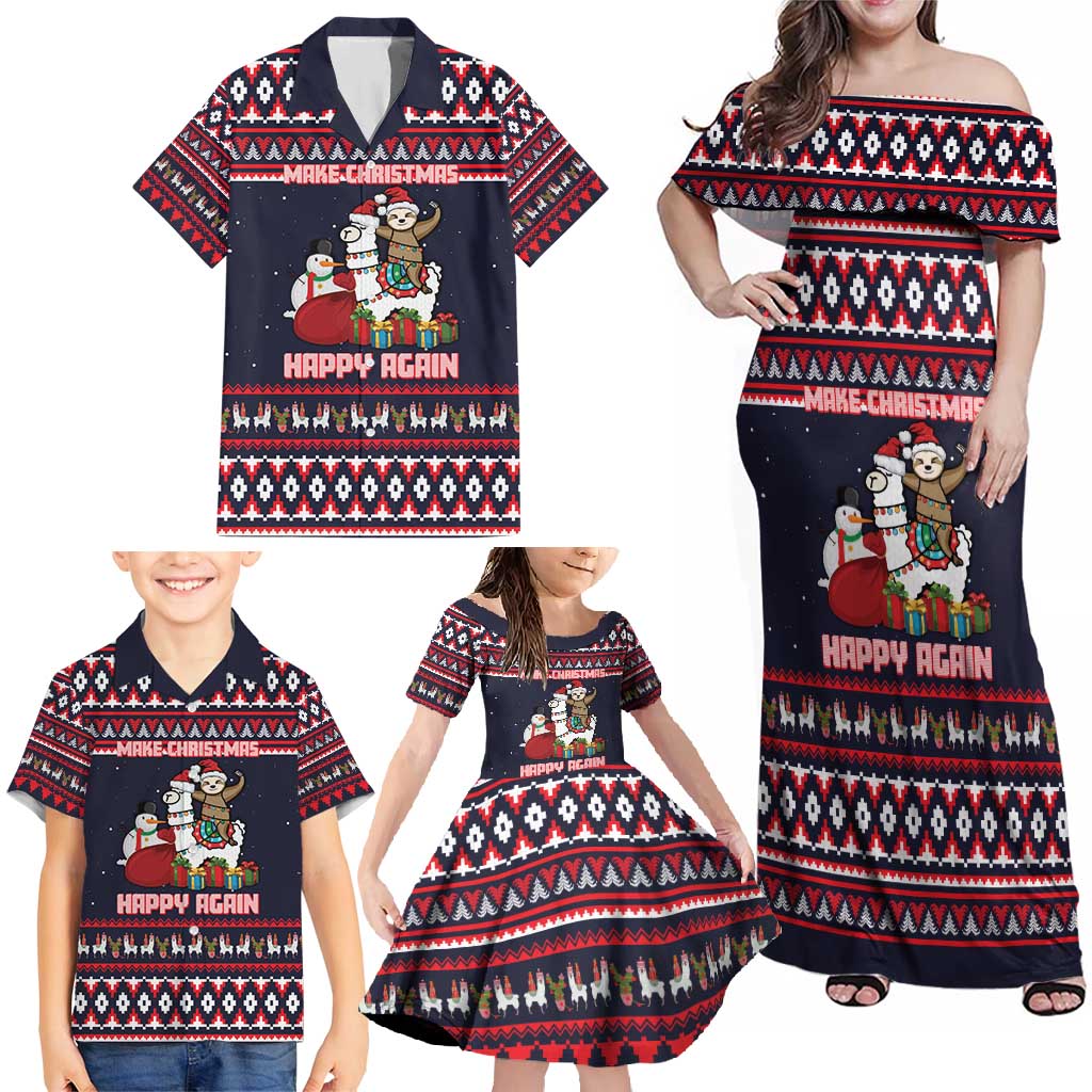Llama and Snowman Family Matching Off Shoulder Maxi Dress and Hawaiian Shirt with Gifts and Nordic Pattern - Wonder Print Shop