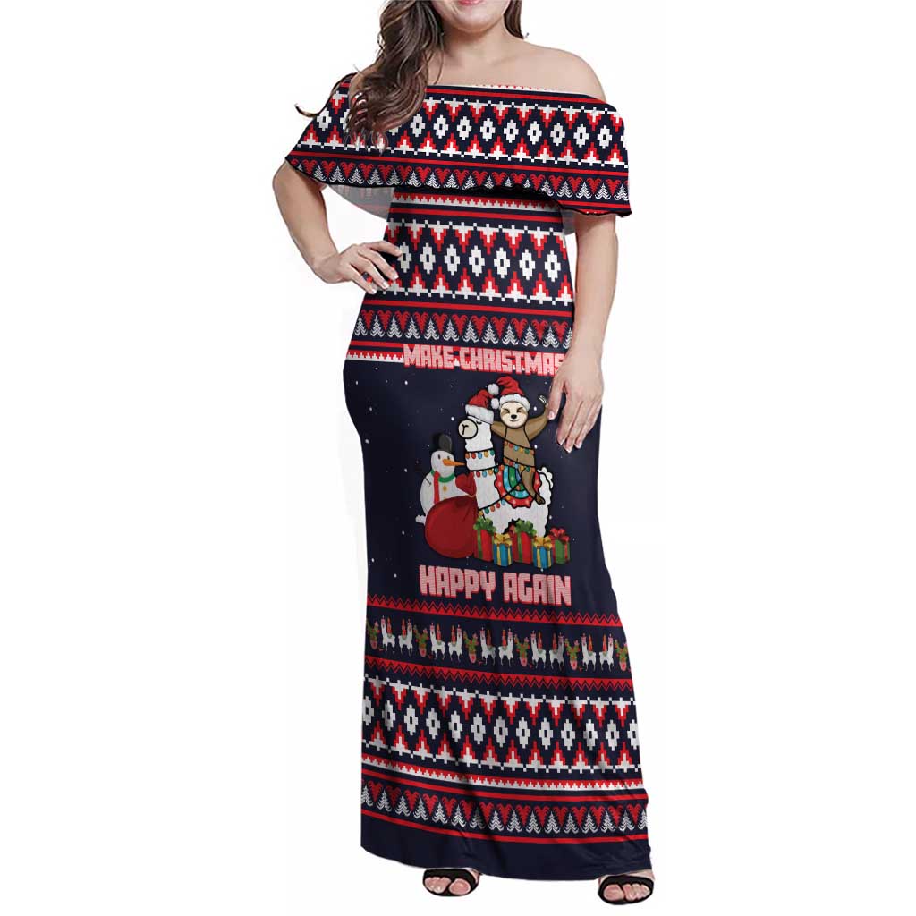 Llama and Snowman Family Matching Off Shoulder Maxi Dress and Hawaiian Shirt with Gifts and Nordic Pattern - Wonder Print Shop